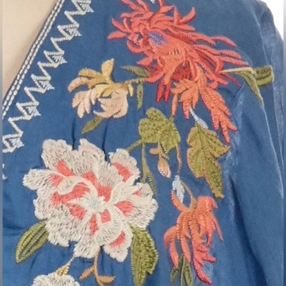 🌺 Johnny Was Nalina Kimono Dress L Blue Floral Embroidered Boho Ramie W37123-2 - Picture 4 of 7